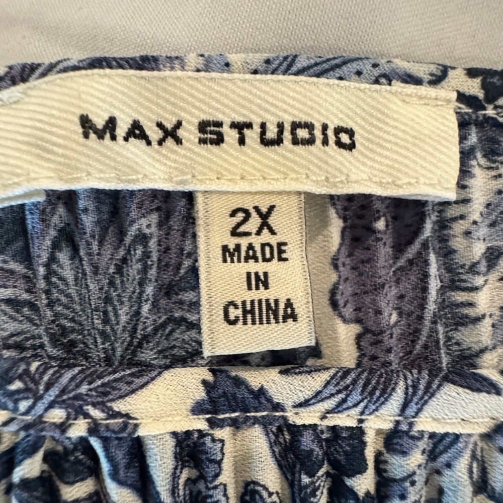 Max Studio Blue Floral Boho Blouse 2X Soft Pleats Flared Sleeve Top Cottagecore - Picture 5 of 9